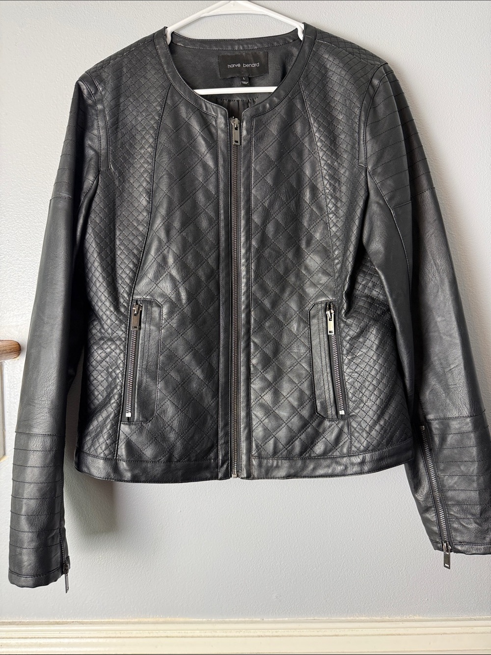 Harve Benard Black Quilted Faux Leather Zip-Up Jacket
